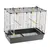 Wire cage with plastic base, three wooden perches, two clear water dispensers and two yellow feeders attached inside. Suitable for housing small animals or birds.