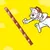 Cartoon cat reaching towards a long, brown treat stick on a yellow background with clouds.