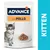 Advance con POLLO, KITTEN. Vrećica s hranom za mačiće, prikaz mačića i hrane na tanjuru. Tekst 'con POLLO' i 'KITTEN' vidljiv na pakiranju.