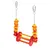 Hanging toy made of wood in red and yellow with metal chains and carabiner hooks, suitable for hanging.