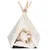 Weisses Tipi-Zelt mit Holzstangen und Fransen, innen eine weisse Katze auf einem gepolsterten Kissen.