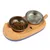Double stainless steel bowl on an orange-blue cat-shaped mat. One bowl with dry food, one bowl with water.