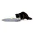 Black cat playing with grey toy from Kerbl, yellow edge and button visible.