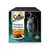 Sheba Perfect Portions KÖSTLICHE SAUCE mit Truthahn, boîte de 3 x 75 g, image d’un plat de nourriture pour chat et d’un chat gris. Texte en allemand.