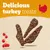 Tekst: Delicious turkey treats. Afbeelding van drie bruine kalkoen snacks, rode bessen en zaden zichtbaar linksonder, rode kalkoen silhouet rechtsboven.