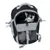 Sac à dos de transport noir et gris avec un chat blanc et noir visible à l’intérieur, ouvert sur le devant, poches latérales en maille et poignées renforcées.