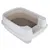 Caja de arena abierta para gatos con borde elevado, interior beige y superficie de rejilla, rellena de arena para gatos.