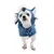 Dog wearing a blue costume with elephant motif, including ears and trunk. Buttons are visible on the front of the costume.