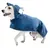 Dog coat made of blue fleece with hood and ears, closed at the side with press studs.