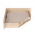 Plateforme d’angle en bois clair avec coussin beige amovible, conçue pour être fixée au mur. Matériaux visibles : bois et tissu.