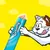 Illustration of a cartoon cat holding a blue tube labelled 'Creamy' with creamy treat being squeezed out, suggesting the product is a squeezable pet treat.