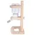 Biberon transparent avec support en bois, bec verseur en métal et plastique, monté verticalement sur socle à vis de fixation visible.