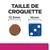 Taille de croquette : comparaison visuelle entre une croquette ronde de 12,5 mm et un dé bleu de 16 mm. Texte visible : TAILLE DE CROQUETTE, 12.5 mm, 16 mm.