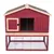 Rotes Holzgehege mit zwei Ebenen, obere Ebene geschlossen mit Tür und Fenster, untere Ebene offenes Metallgitter. Geeignet für Kleintiere.