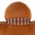 Détail d’une peluche marron en tissu avec une écharpe rayée rouge et verte autour du cou, vue de dos. Aucun texte ou marque visible.