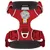 Ruffwear dog harness in red with reflective stripes, sturdy buckles and attachment point. Logo with dog image visible.