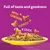 Text reads: Full of taste and goodness. With chicken, turkey and duck. Image shows a yellow plate with dry food pieces shaped like animal heads.