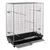 Large birdcage with metal grid walls, multiple perches, two pull-out trays and castors for easy movement.