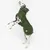 Chien dalmatien portant un manteau vert avec capuche et fermeture à scratch, badge rond visible sur le côté du manteau.