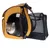 Sac de transport jaune et noir avec panneaux en maille, chat tigré à l’intérieur. Poignée visible sur le dessus, ouvertures zippées sur les côtés.