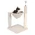 Cat tree with beige hammock, sisal scratching post, brush strip and play ball. Cat sitting in the hammock.