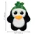 Plush penguin toy with green hat. Dimensions: height 17.7 cm, width 13.9 cm.