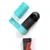 Black dispenser for dog waste bags with red handle and a roll of turquoise patterned bags.