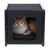 Cat cave made of black fabric with metal frame, inside an orange and white cat lying on a black cushion.