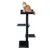 Arbre à chat noir avec quatre plateformes carrées, un chat roux et blanc assis sur la plateforme supérieure. Structure en bois et tissu visible.