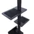 Arbre à chat en bois foncé avec trois plateformes carrées, tapis noirs et poteau central recouvert de corde noire. Matériaux visibles : bois, corde, tissu.