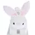 Weisses Plüschspielzeug in Form eines Hasen mit rosa Ohren und schwarzem Augenpaar.