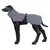 Manteau imperméable gris pour chien présenté sur un mannequin, fermeture à clip noire visible sous le ventre, matière synthétique, col montant.
