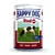 Lata de comida para perros Happy Dog Rind pur. Texto visible: Made in Germany, 100% tierisches Protein, BEEF • BOEUF • MANZO.