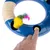 Blue toy with yellow button, sisal rope and colourful plush mouse pendant. Finger presses the yellow button to activate.