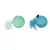 Two plastic play balls: one green with white feathers, one blue with blue feathers. Both have a string with attachment.