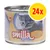 Blik Smilla Kitten natvoer met kalf, afbeelding van een grijze kitten op het etiket, tekst 'mit Taurin', voordeelverpakking 24x zichtbaar op gele cirkel.