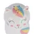 Figurine en céramique blanche en forme de chat avec corne dorée, motifs colorés rose, jaune et bleu sur la tête et la patte, trois trous visibles sur le dessus.