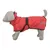 Rote Hundejacke mit reflektierenden Streifen, verstellbarem Verschluss und schwarzem Rand, präsentiert auf einer grauen Hundepuppe.