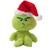 Jouet en peluche verte pour animaux, visage brodé avec sourcils verts et bonnet de Noël rouge et blanc. Matière : tissu pelucheux.