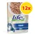 Confezione Life Cat natural, visibile scritta 'TONNO TUNA', immagine di tonno in pezzi su piatto e gatto. Etichetta gialla con testo rosso '12x'. Confezione Life Cat natural, visibile scritta 'TONNO TUNA', immagine di tonno in pezzi su piatto e gatto. Etichetta gialla con testo rosso '12x'.