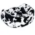 Black and white pet bed with cowhide pattern, soft padding and raised edge.
