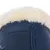 Gros plan sur une matière en similicuir bleu avec bordure en fourrure synthétique blanche et bande textile noire visible.
