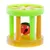 Toy made of plastic with yellow and green bars, contains a red and black ball inside.