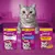 Drie Whiskas kattensnacks: Dentabites met kip 40g, Knuspertaschen <2 kcal 60g, Crunch! Leckeres Topping 100g. Op elke verpakking staat een grijze kat en de tekst 'minder plastic'.