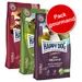 Pack gourmand Happy Dog Sensible Mini Ireland, saumon et lapin, pour chiens adultes ≤10 kg. Trois sacs visibles avec texte 'Pack gourmand' sur un cercle rouge.