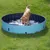 Piscina circular plegable de plástico azul para perros, colocada sobre césped, con un perro dentro. Se observa válvula de drenaje en la parte inferior del lateral.