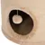 Close-up of a beige scratching post with a round entrance and a hanging plush ball toy inside the opening.