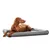 Dog lying on grey padded dog bed. Product shows comfort and design of the bed.