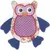 Toy in owl shape made of fabric with floral pattern, purple spotted belly and blue wings. Suitable for pets to play.