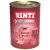 Rinti Singlefleisch Rind Pur, viljaton, 1 proteiini. Kuvassa naudanlihapaloja punaisella taustalla.